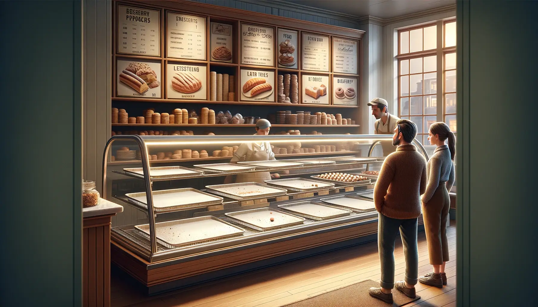 Two potential customers looking at an empty display case at a bakery.