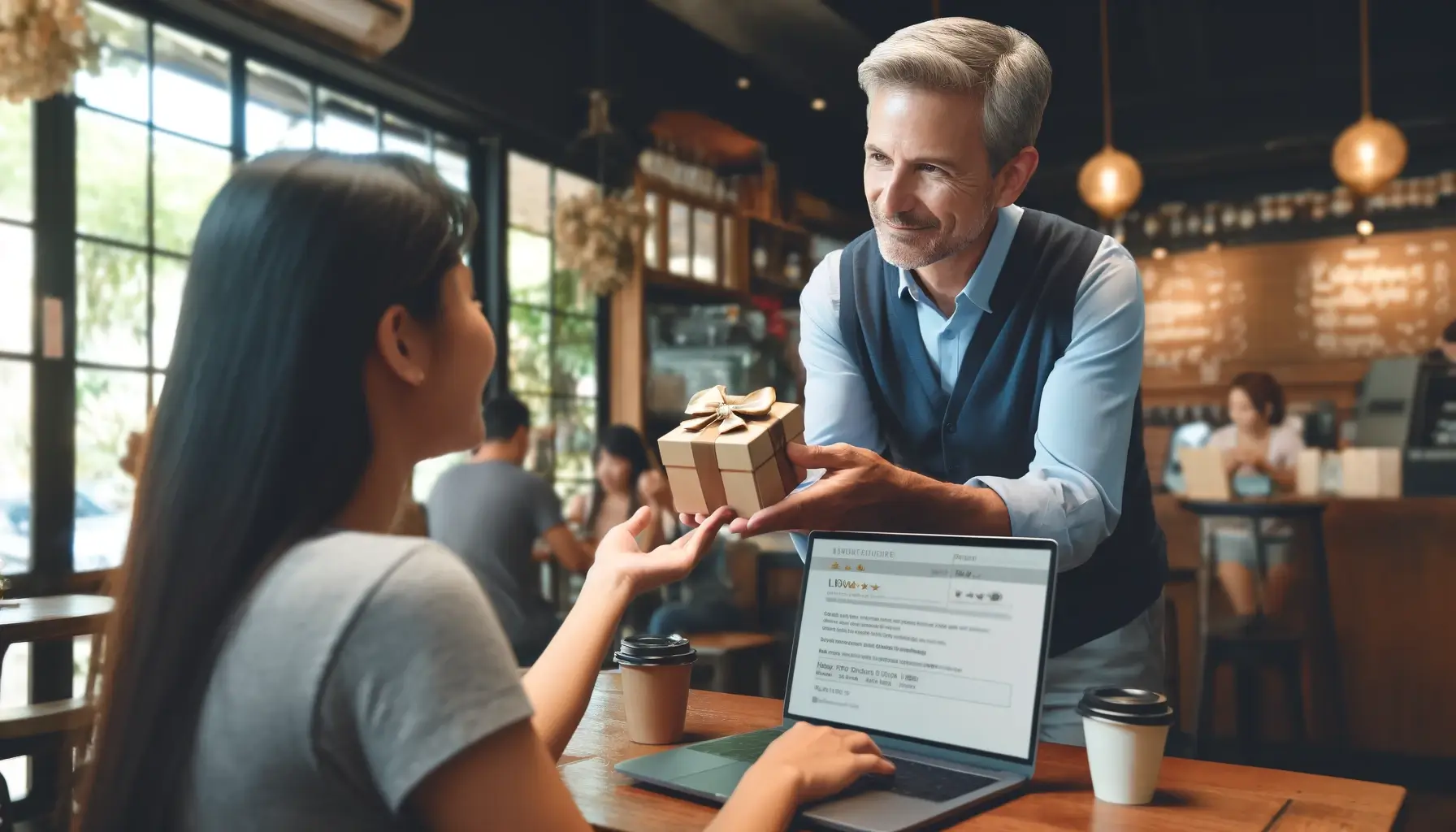 A small business owner encouraging a customer to leave a positive review